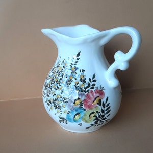 Vintage Ceramic White Jug with Hand Painted Floral Pattern; Milk Pitcher; Ceramic Vase; Home Decor W4''(10.5cm) x H5''(12.7cm)