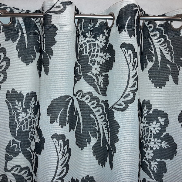 Swedish Vintage White Curtain with Large Black Floral Print; Eyelet Curtain; White/Black Translucent Floral Curtain/Panel; W57'' x H 96.5''