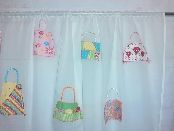 Kids Curtain: White Cotton Batiste with Colorful Applique Bags, Rod Pocket and Curtain Ribbon, Exclusive Fabric, SoftH36.5"xW55"