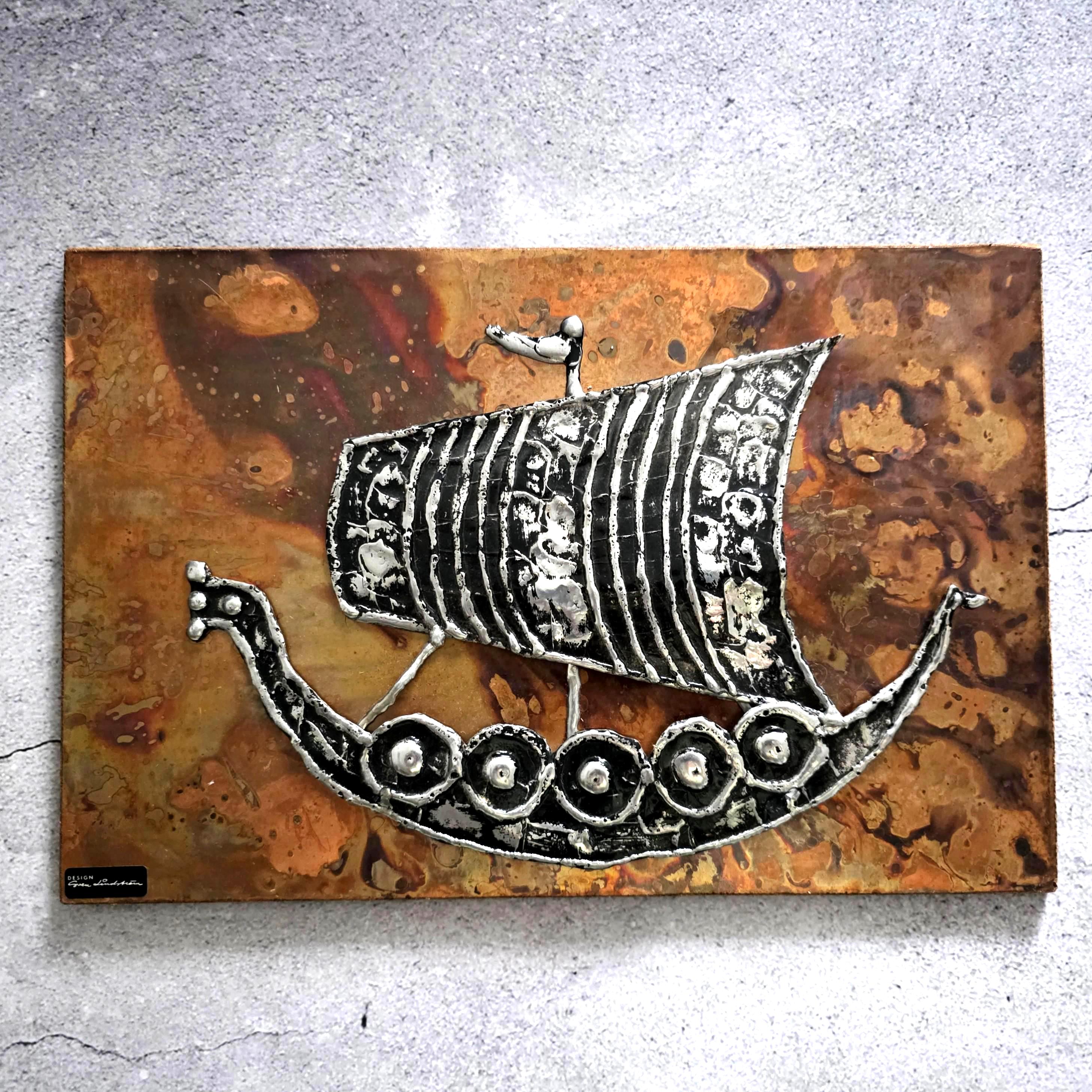 Sven Lindström Viking Ship Pewter Copper Plaque: Studio Viken