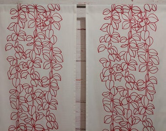 2 Swedish Vintage White/Red Curtains; White Curtains/Panels Leaves Red Pattern; Rod Pocket Curtains 85.5''(217.5cm) x W17.5''(44.5cm)