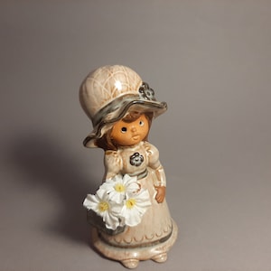 Vintage Ceramic Girl Figurine with a Flower Basket and with a Hat; Scandinavian Ceramic Girl; H4 3/4&#39;&#39;xW2 3/8&#39;&#39;; Collectible Pottery Ceramic