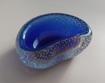 Archimede Seguso MURANO Gild Flecks Air Bubbles Blue Kidney Bowl/Ashtray;Vintage Dark Cobalt Blue Bubble Glass Bowl; Murano Bullicante Glass