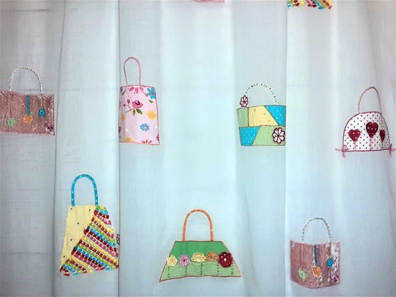 Cotton Batiste Kids Curtain, White, Applique Bags, Rod Pocket, Exclusive Collection H75'' x W55''