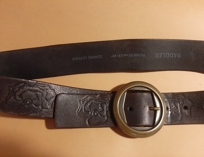 Vintage SADDLER Genuine Leather Belt; Floral Stamped Wast Belt;Size 33-3784cm-94cm Brown Color Belt with Bronze Color Round Buckle