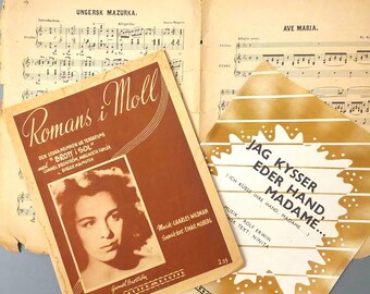 Vintage sheet music, double sheet of music for Piano; Set 3  Sheet Book of Music for Piano published in Stockholm; Gift for musician