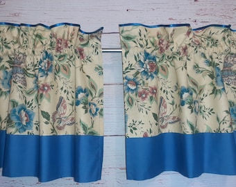 Vintage Floral Cotton Cafe Curtains, Curtain Valance, Handmade, Light Yellow Curtains with Floral Pattern & Blue Decors; Unused