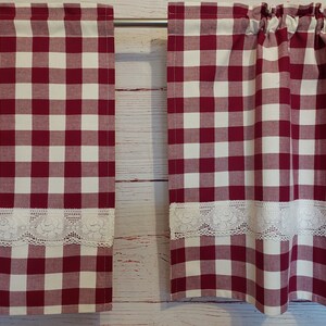 Checkered Cafe Curtains with Lace; Handmade Reversible Cotton Curtains; Red/White Checkered Cafe Curtains;Rod Pocket Curtain H21.5&#39;&#39;x W30&#39;&#39;