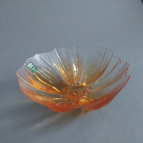 Vintage Maleras Sweden Art Glass Bowl, Amber Flower Form Dish