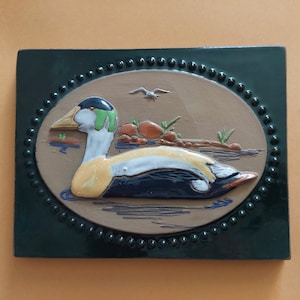 Jie Gantofta Wall Plaque Duck Design by Aimo Nietosvuori; Swedish Vintage Wall Hanging Tile Relief 741; Pottery Art;  W7&#39;&#39;x H5.5&#39;&#39;x 3/8&#39;&#39;