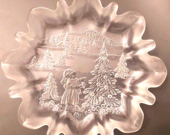 Vintage MIKASA Crystal Christmas Plate, Embossed Winter Scene