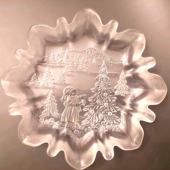 Vintage MIKASA Crystal Christmas Plate, Embossed Winter Scene