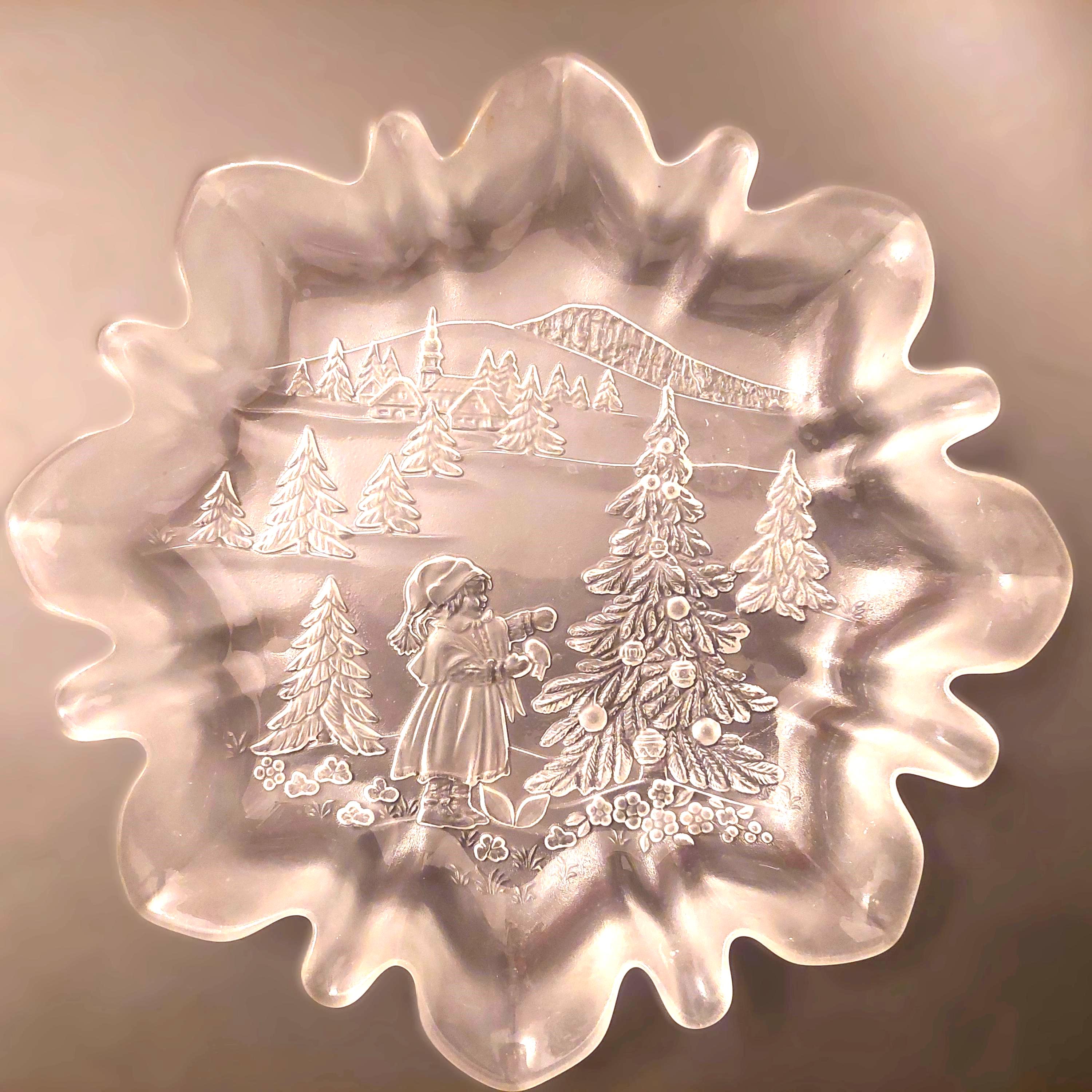 Vintage MIKASA Crystal Christmas Plate, Embossed Winter Scene
