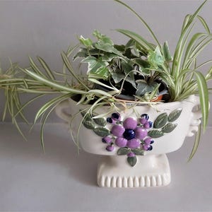 Rosa Ljung Deco Keramik Plant Pot; Swedish Vintage Ceramic Flowerpot Planter; Helsinborg; Off White Ceramic Vase Purple/Green Floral Design