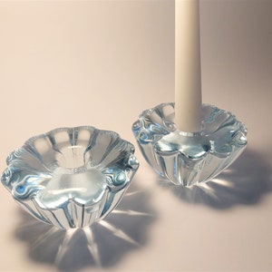 2 Orrefors Stella Polaris Crystal Glass Light Blue Candle Holders by Sven Palmqvist; Swedish Vintage Heavy Lead Glass Candle Holders