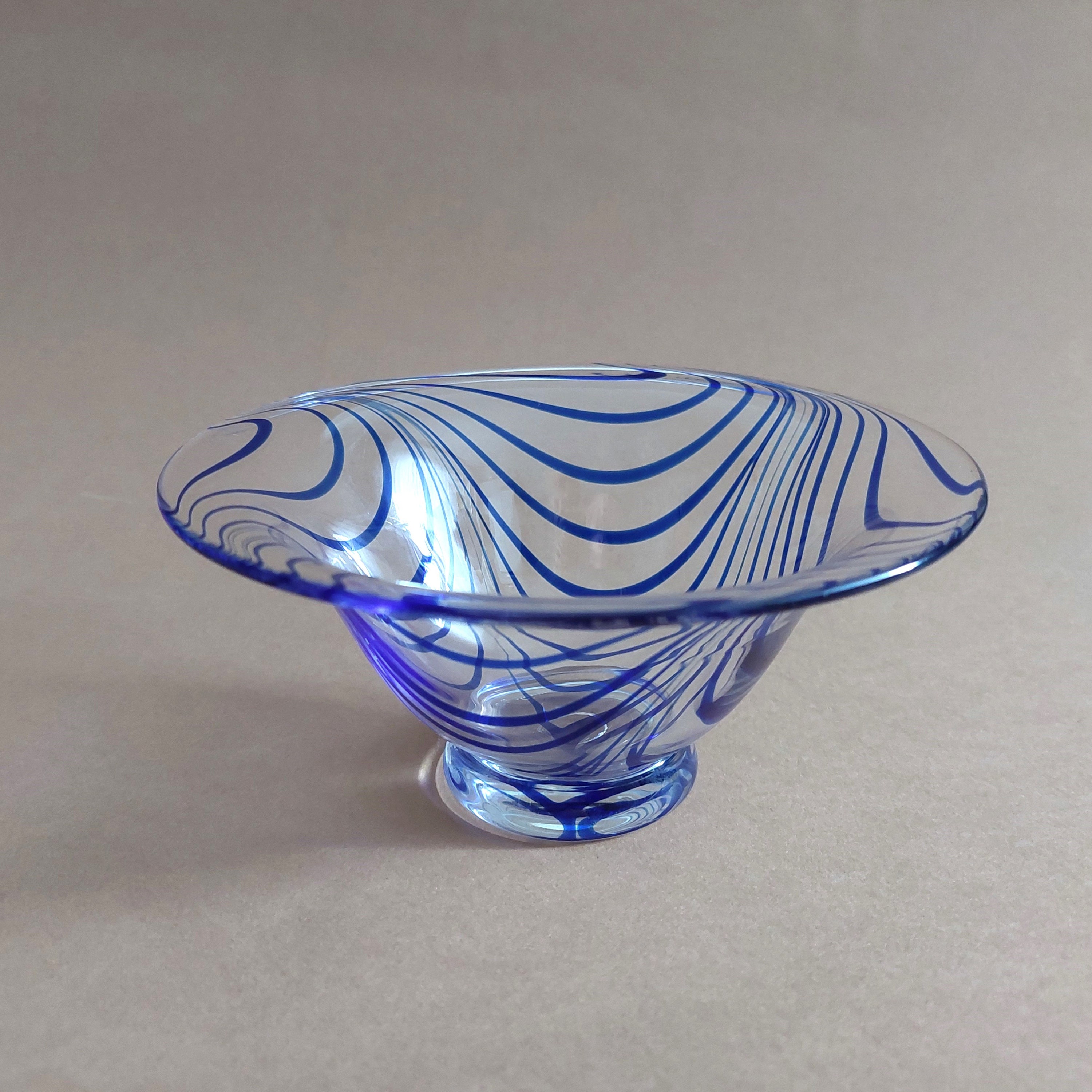 JENS ELTORP, Heta Låga glass studio clear glass bowl decorated with blue wavy lines; Handblown glass bowl Dia.5 5/8'' x H 2.72''