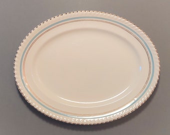 Johnson Bros Old English Porcelain Oval Plate  Beige Platter, Gold Rim & Teal Line,Large Plate 11 3/8''x W8 7/8''(28.8cm x 22.5cm)