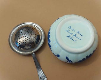 Vintage Delft Blue Floral Tea Strainer With Porcelain Holder