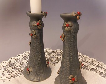 Ruth Vetter Pottery Candle Holders: Set of 2, Grey Ceramic, Red Floral Design (Swedish Handcrafted)