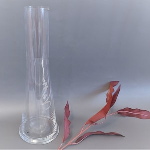 Puede incluir: Una jarra de vidrio transparente con una base acampanada y un cuello alto y cilíndrico. La jarra tiene un diseño grabado sutil en el lateral. Una rama de hojas de eucalipto rojo secas se encuentra en primer plano.