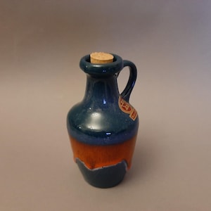 Vintage Ceramic Jug; Germany Small Pottery Pitcher for Olive Oil with cork; Vinegar Pitcher; Glazed Dark Blue/Orange Jug; W3 3/4&#39;&#39;x H4&#39;&#39;