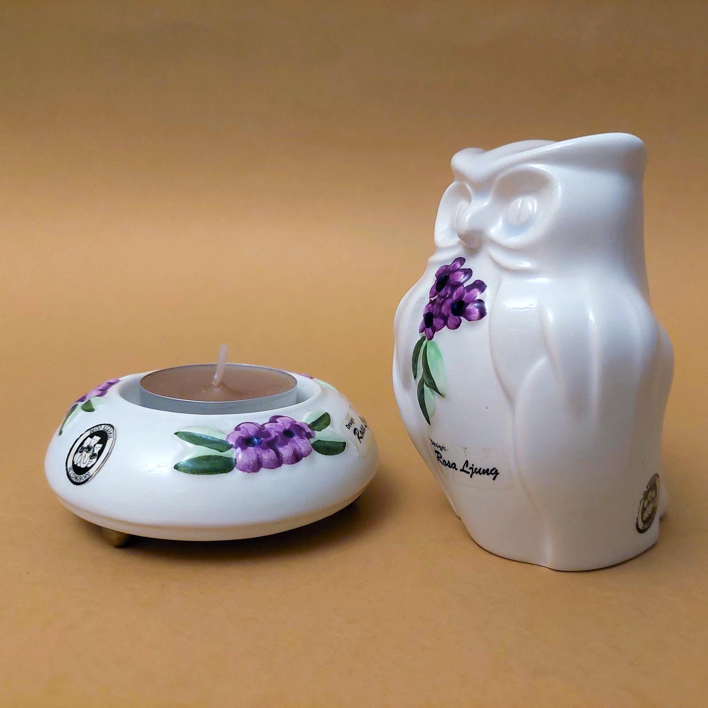 Rosa Ljung Ceramic Owl & Tealight Holder; Deco Keramik Helsingborg Owl and Candleholder With Flo
