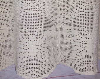 Vintage Hand Crochet Curtain; Kitchen Ivory Net Valance; Scalloped Crochet Curtain with Butterflies Pattern; H16.5''x W82.5"(H42cm xW210cm)