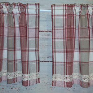 Karierte Cafe Vorhänge mit Spitze; Handgemachte Baumwollvorhänge; Rot / Weiß / Grau Karo Cafe Vorhänge; Stange Taschenvorhang; H17'' x B25''