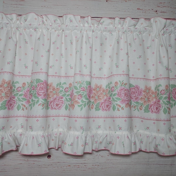 Swedish vintage cotton curtain valance; Kitchen curtain with embroidery imitation cross stitch roses print; Rod pocket curtain; H24" x W92''