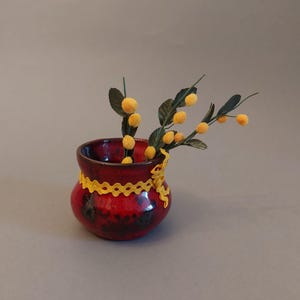 Vintage Handmade Ceramic Small Red Vase; Glazed Ceramic Table Vase; Multicolor Pottery Vase Abstract Pattern; Scandinavian Pottery Art;