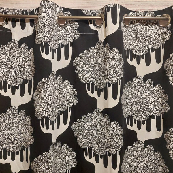 Emma Hagman for IKEA Sweden Black Cotton Curtain White/Black Abstract Trees Pattern; Vintage Eyelet Curtain KAJSAMA;  W56.5'' x H 83.5''