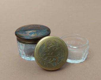 2 Vintage A.E. & Co glass powder jars with ornate brass lids; Glass powder boxes lidded; Set of 2 Antique trinket boxes