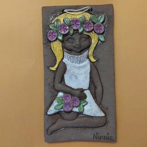 Vintage Ninnie Forsgren for Bromma Keramik Ceramic Wall Plaque; Swedish Pottery  Plaque Tile Relief Girl with Flowers; Wall Hanging Decor