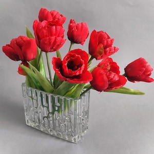 Può includere: Un vaso di vetro trasparente pieno di tulipani rossi vibranti. I tulipani hanno più strati di petali e foglie verdi. Il vaso ha una forma rettangolare con un motivo strutturato. La composizione è su uno sfondo grigio chiaro.