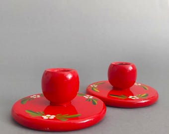 Hand Painted Swedish Wooden Candle Holders, Floral Folk Art (Set of 2) Vintage