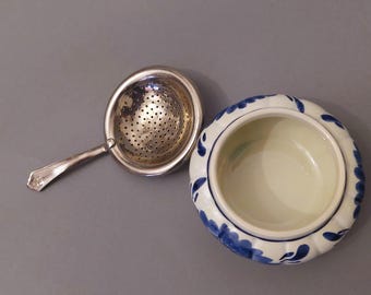 Vintage Delft Blue Floral Tea Strainer With Porcelain Holder