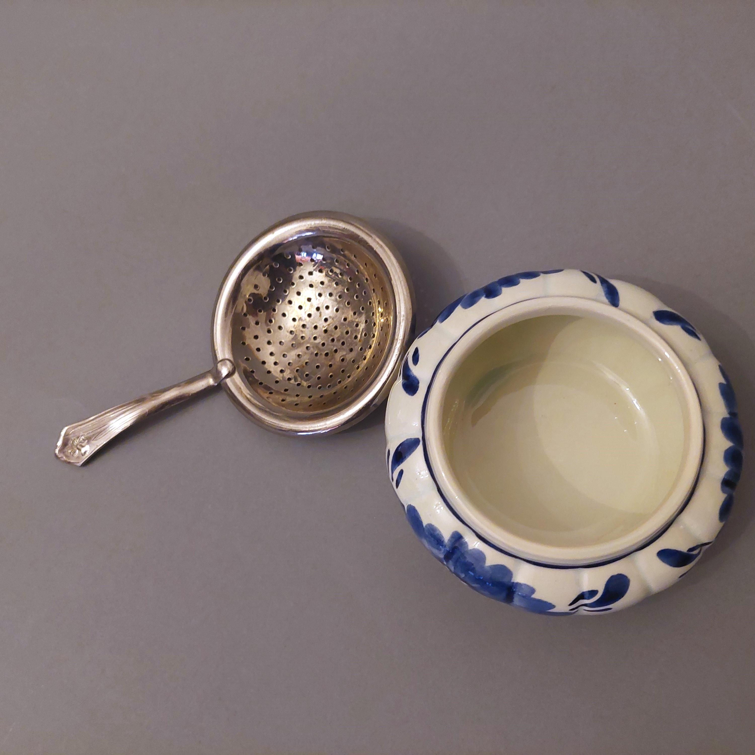 Vintage Delft Blue Floral Tea Strainer With Porcelain Holder