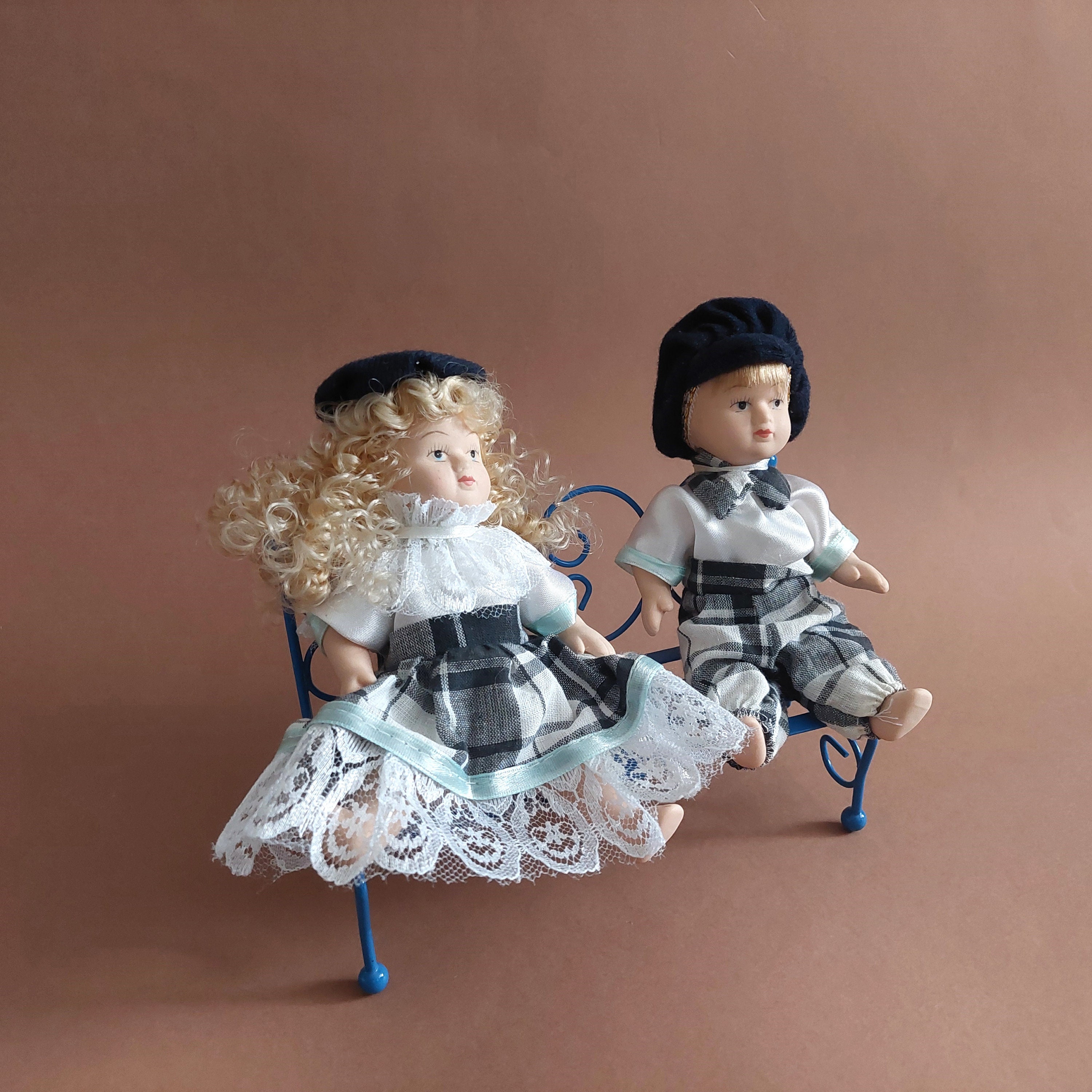 Porcelain Doll Couple on Blue Bench, Scandinavian Dolls