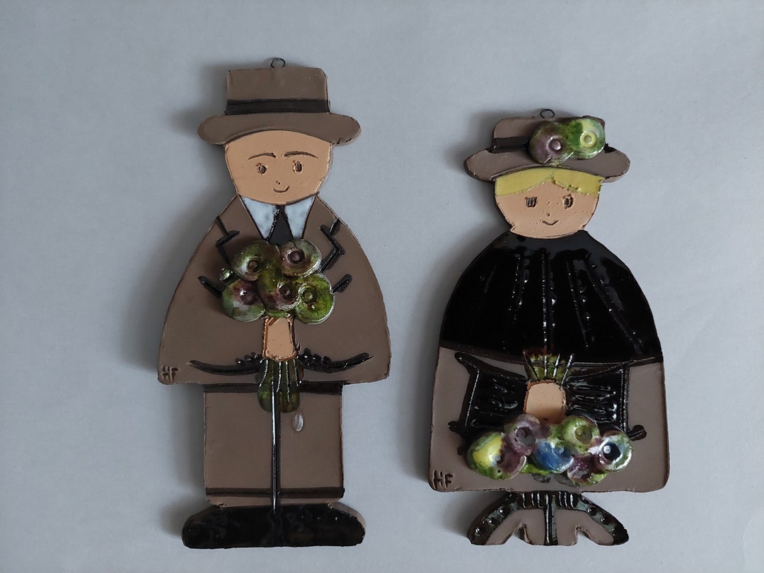 Ceramic Tiles Wall Hanging Figurines His &her Vintage Small Wall
