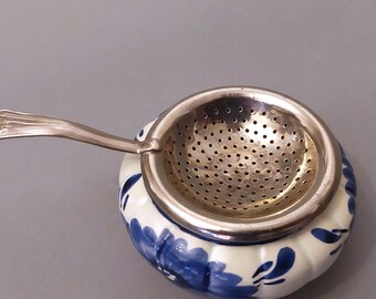 Vintage Delft Blue Floral Tea Strainer With Porcelain Holder