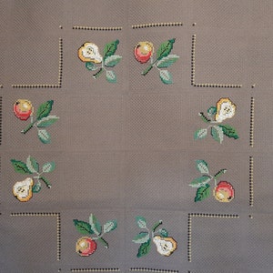 Vintage Cotton Cross Stitch Embroidered Tablecloth; Tablecloth with Fruit Pattern; Colorful Table Centrepiece; Holiday Topper;34.5&#39;&#39;x 35.5&#39;&#39;