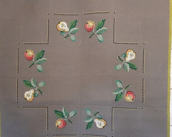 Vintage Cross Stitch Embroidered Tablecloth, Cotton Fruit Design (34.5''x 35.5'')