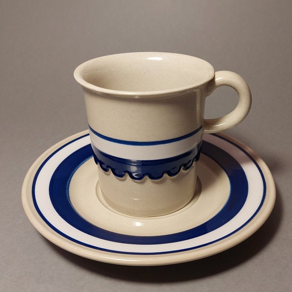 Vintage Höganäs Keramik Johanna series Stoneware Mug with Saucer; Swedish Ceramic Tea/Coffee Mug & Saucer Decorated White/Blue Stripes; Rare