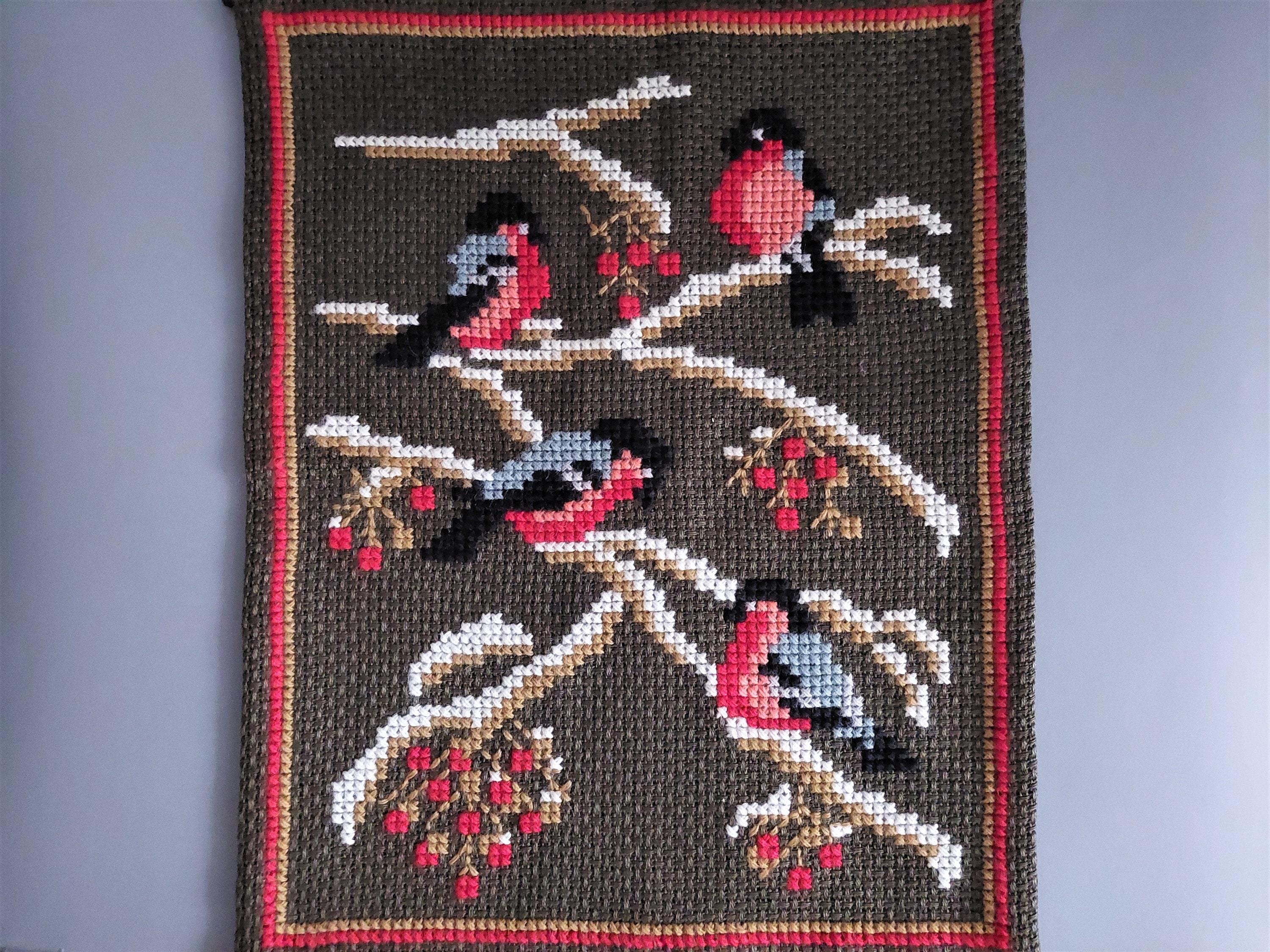 Vintage Swedish Cross Stitch Tapestry With Birds, Handmade