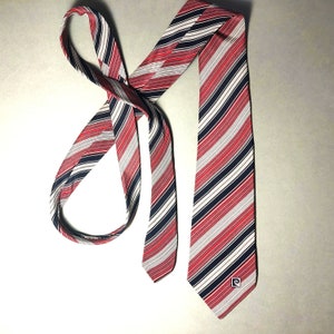 Piere Cardin Silk Neck Tie; Vintage Men&#39;s Neck Tie Burgundy/Black/Gray/White/Red Colors Diagonal Striped; Costume Decor, Suit Neck Tie