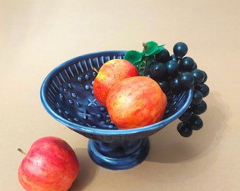 Metal fruit bowl footed; Vintage metal bowl covered with blue paint with ornamental pattern; Lightweight metal sweets bowl; Dia.6.5'' x H4''