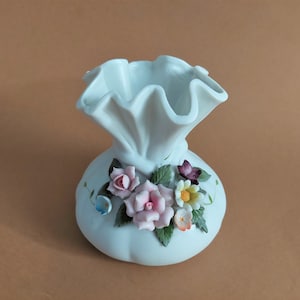 Vintage Handmade White Floral Ceramic Vase by TERRA; White Ceramic Vase with Multi-color Ceramic Floral Decor; Pouch Vase Dia.4&#39;&#39;x H4.25&#39;&#39;