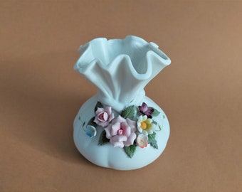 Vintage Handmade White Floral Ceramic Vase by TERRA; White Ceramic Vase with Multi-color Ceramic Floral Decor; Pouch Vase Dia.4''x H4.25''