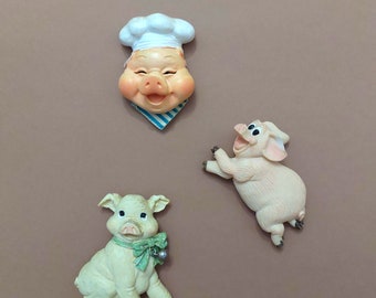 Set of 3 piggy magnets; Vintage ceramic pigs figurines-magnets; Kitchen fridge magnets; Kitchen decor