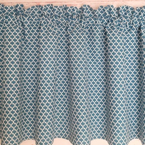 May include: Teal valance with a white geometric pattern. The valance has a ruffled edge.
